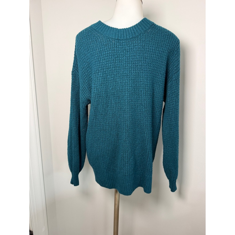 American Eagle Womens Teal Blue Textured Waffle Knit Crewneck Sweater Small